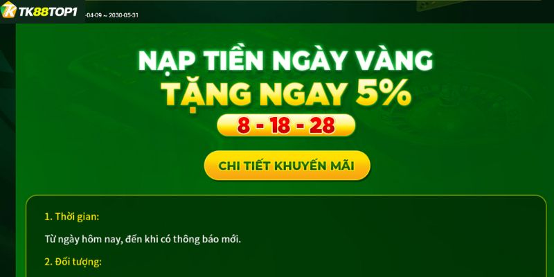 Thời gian ưu đãi nạp tiền ngày vàng tặng ngay 5%